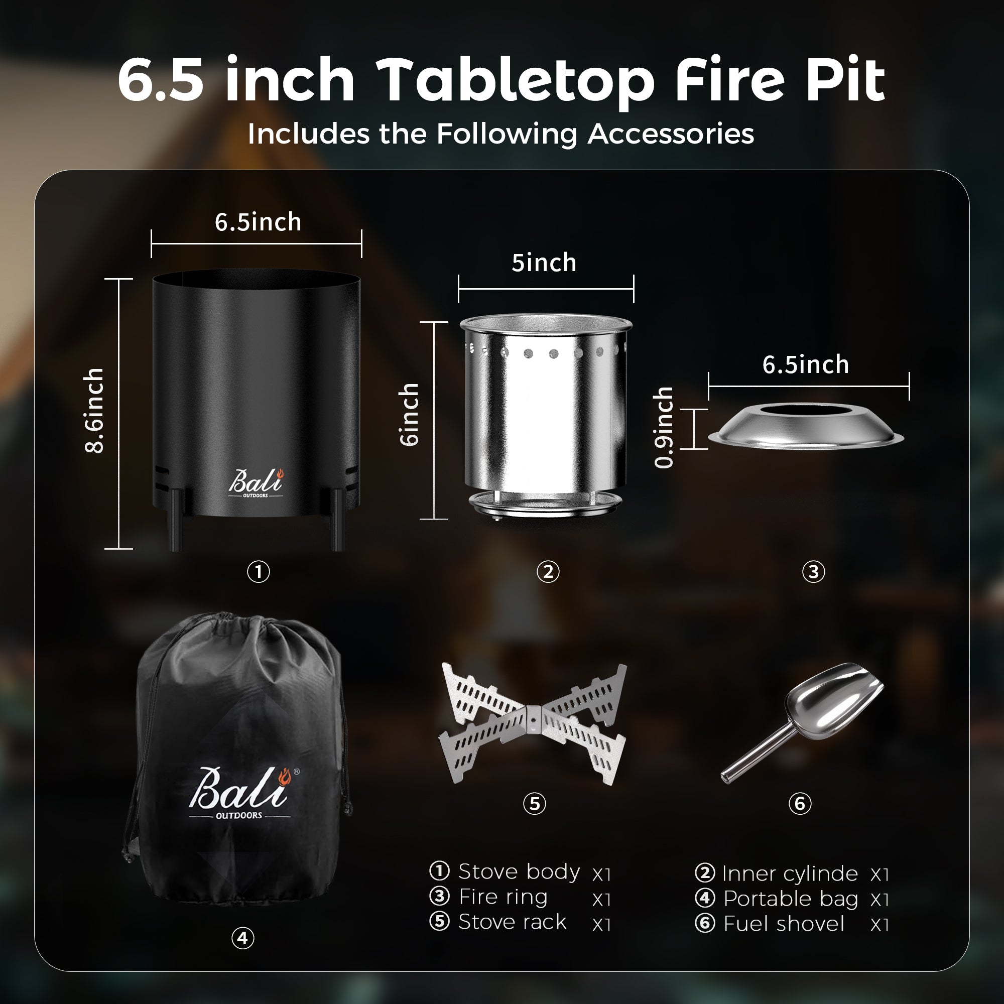 6.5 Inch Wood Stainless Steel Tabletop Fire Pit, Black