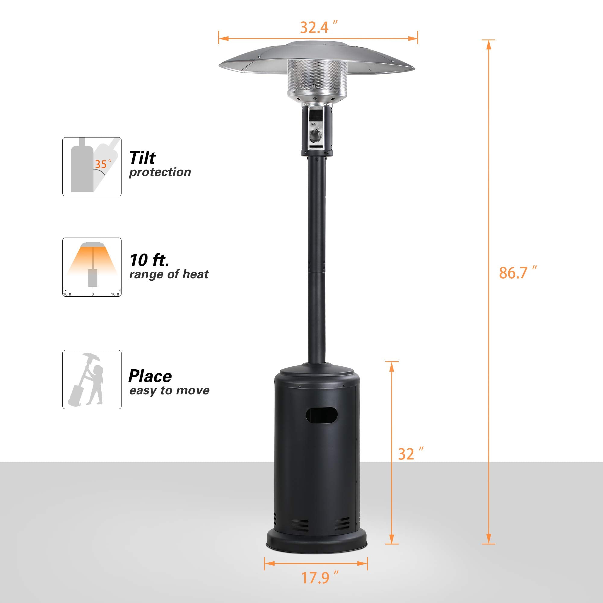 32 Inch Propane Patio Heater, Black